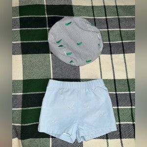 3-6m baby boy preppy Golf shorts and alligator, sear sucker golf hat.